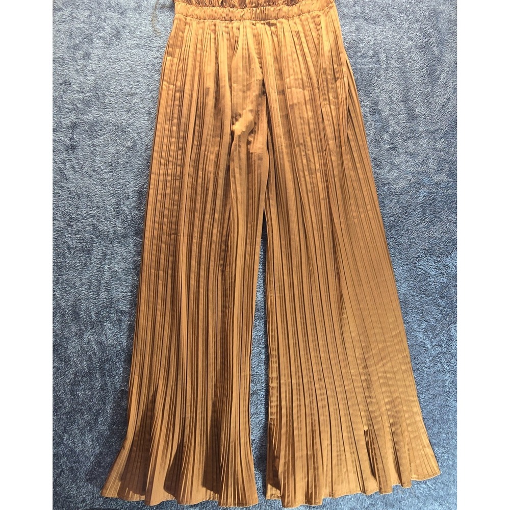 Goodtimeusa Women's 2-Piece Set XL Mustard Brown Pleated Pants Tie‎ Blouse